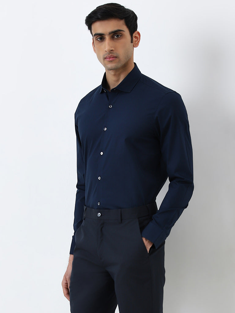 WES Formals Navy Solid Ultra Slim-Fit Cotton Blend Shirt