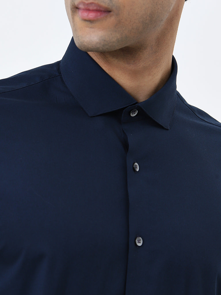 WES Formals Navy Solid Ultra Slim-Fit Cotton Blend Shirt