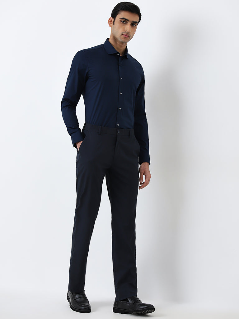 WES Formals Navy Solid Ultra Slim-Fit Cotton Blend Shirt