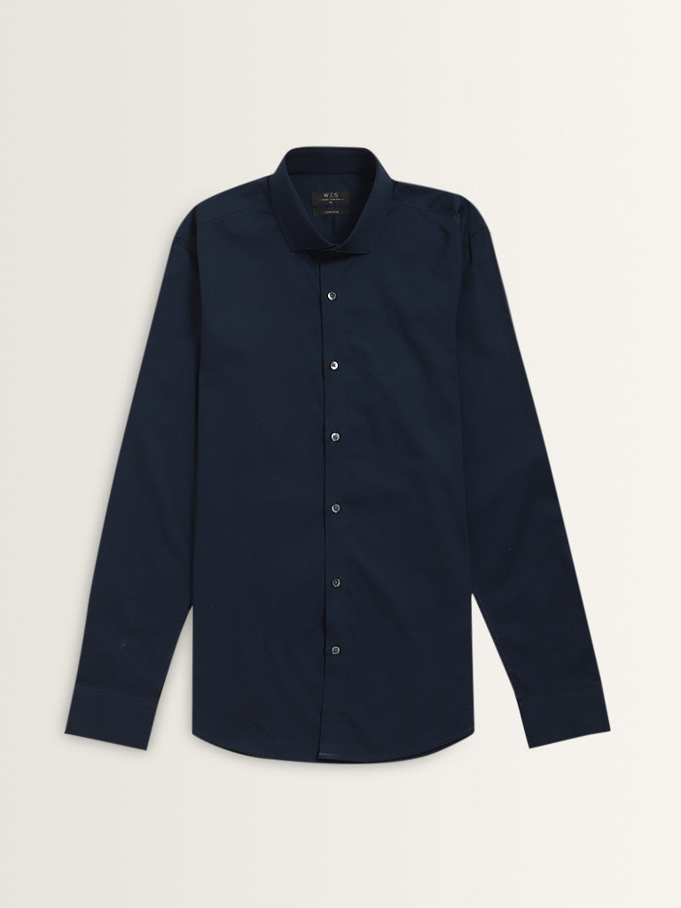 WES Formals Navy Solid Ultra Slim-Fit Cotton Blend Shirt