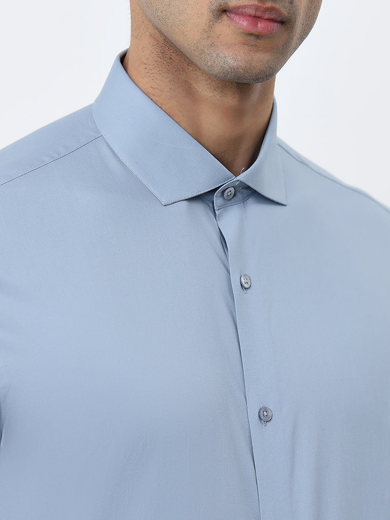 WES Formals Dusty Blue Ultra Slim-Fit Cotton Blend Shirt