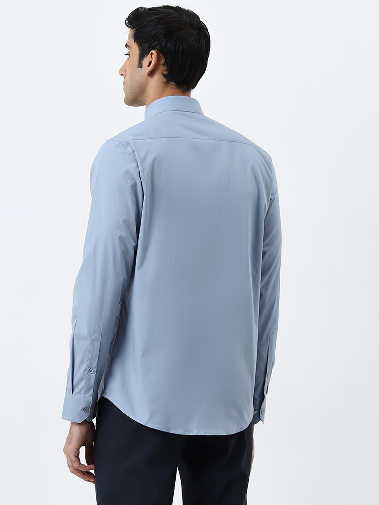 WES Formals Dusty Blue Ultra Slim-Fit Cotton Blend Shirt