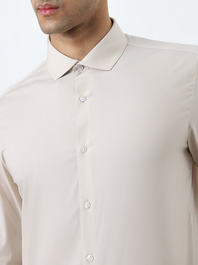 WES Formals Beige Solid Ultra Slim-Fit Cotton Blend Shirt