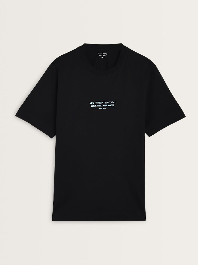 Studiofit Black Text Design Relaxed-Fit Cotton T-Shirt