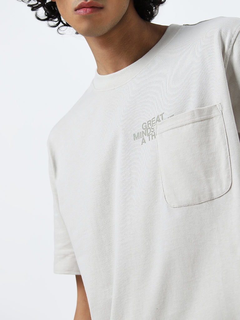 Studiofit Off-White Text Printed Relaxed-Fit Cotton T-Shirt