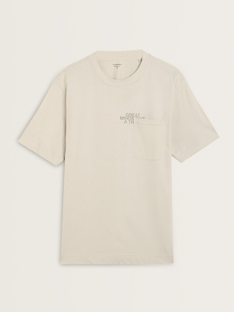 Studiofit Off-White Text Printed Relaxed-Fit Cotton T-Shirt