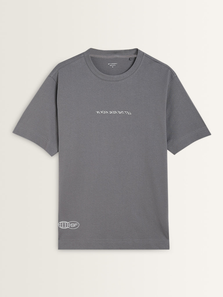 Studiofit Grey Text Printed Relaxed-Fit Cotton T-Shirt