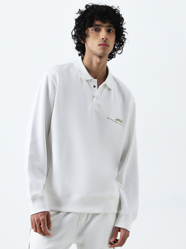 Studiofit White Embroidered Relaxed-Fit Sweatshirt