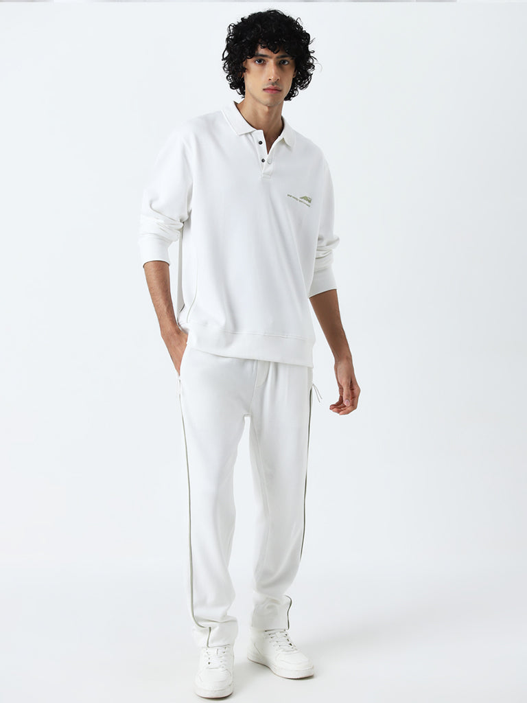 Studiofit White Embroidered Relaxed-Fit Sweatshirt