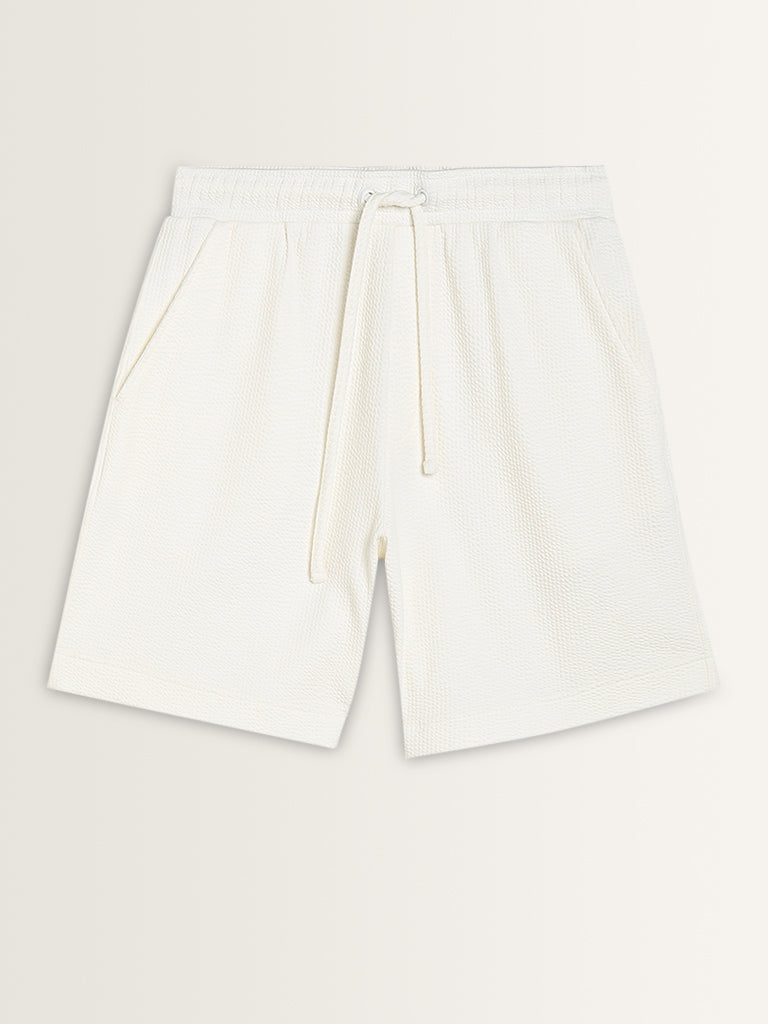 Studiofit Off-White Textured Mid-Rise Relaxed-Fit Shorts