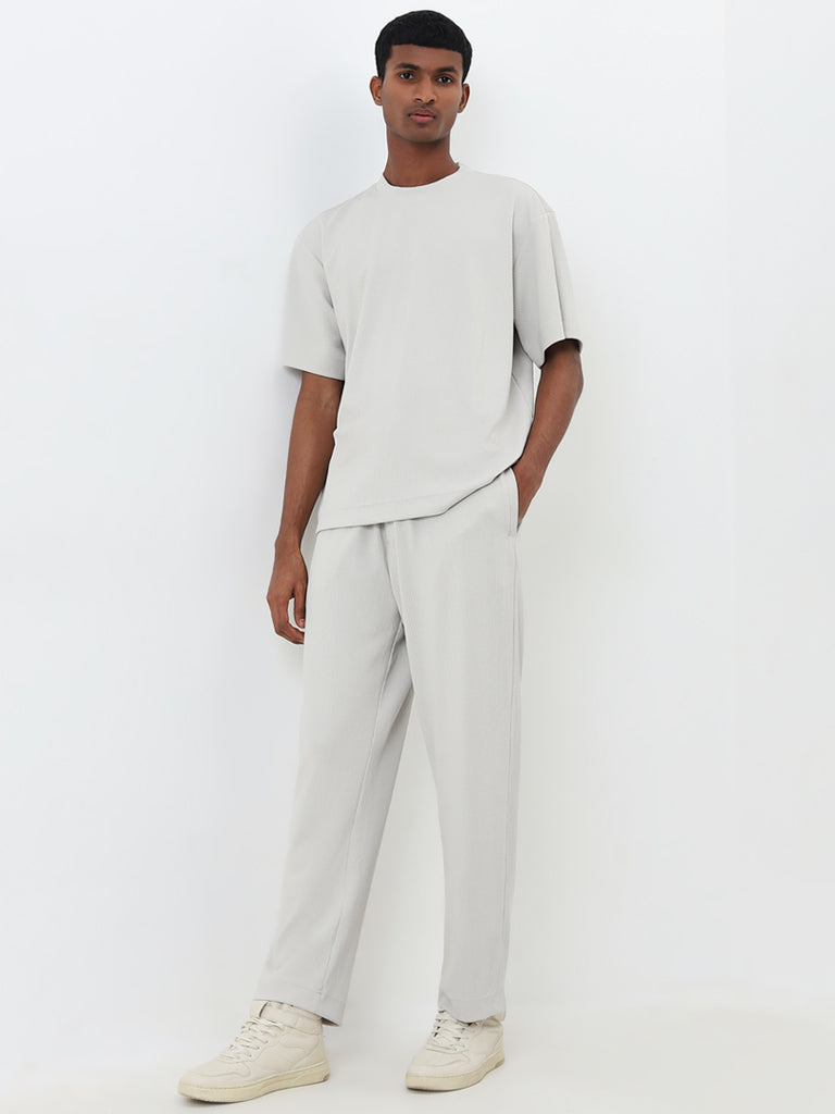 Studiofit Grey Ribbed Relaxed-Fit Mid-Rise Track Pants