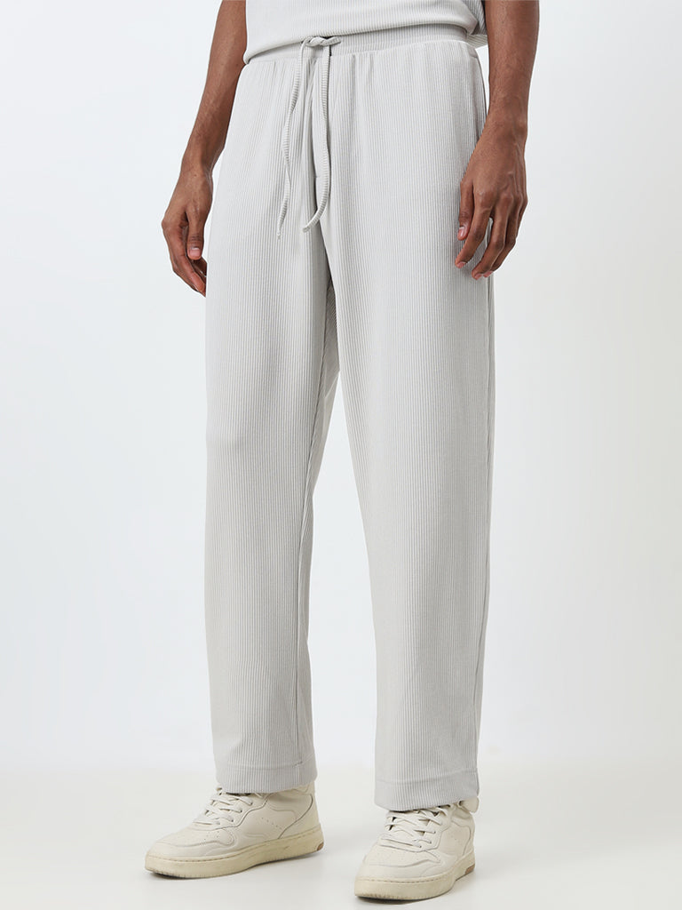 Studiofit Grey Ribbed Relaxed-Fit Mid-Rise Track Pants