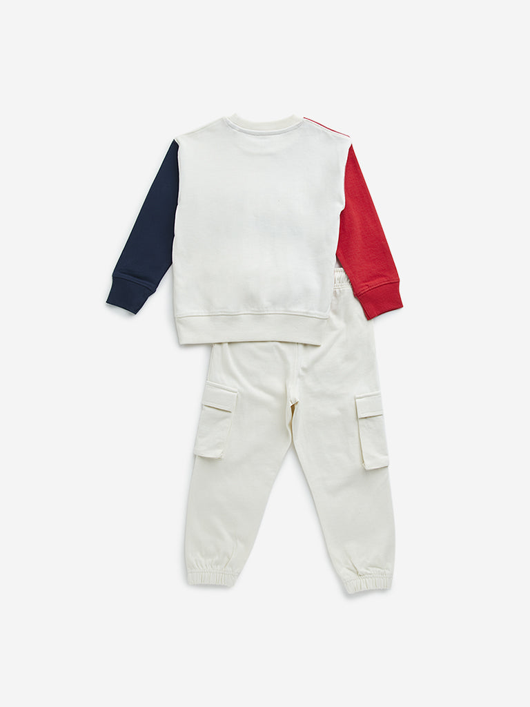 HOP Kids Beige & Red Cotton Sweatshirt and Joggers Set