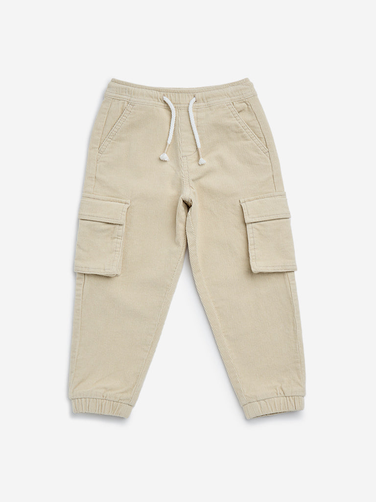 HOP Kids Beige Cargo-Style Corduroy Mid-Rise Cotton-Blend Joggers