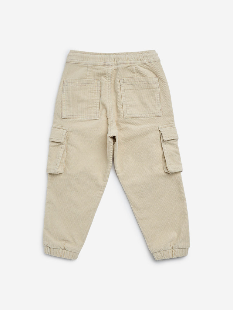 HOP Kids Beige Cargo-Style Corduroy Mid-Rise Cotton-Blend Joggers