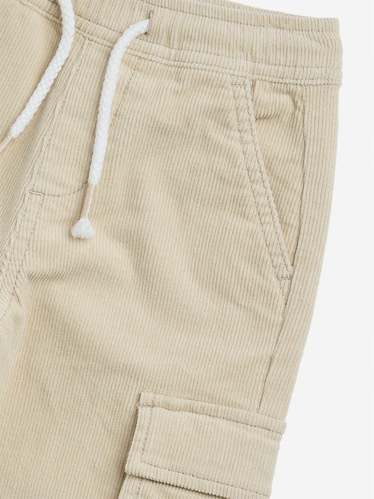 HOP Kids Beige Cargo-Style Corduroy Mid-Rise Cotton-Blend Joggers