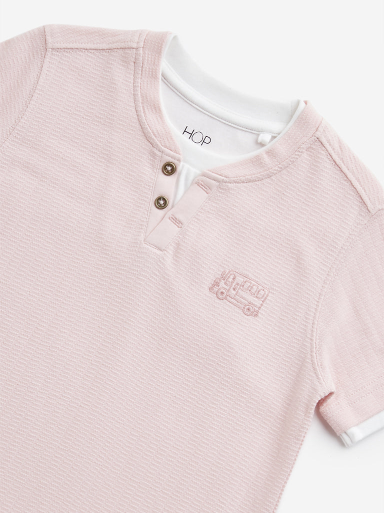 HOP Kids Pink Self-Textured Cotton T-Shirt