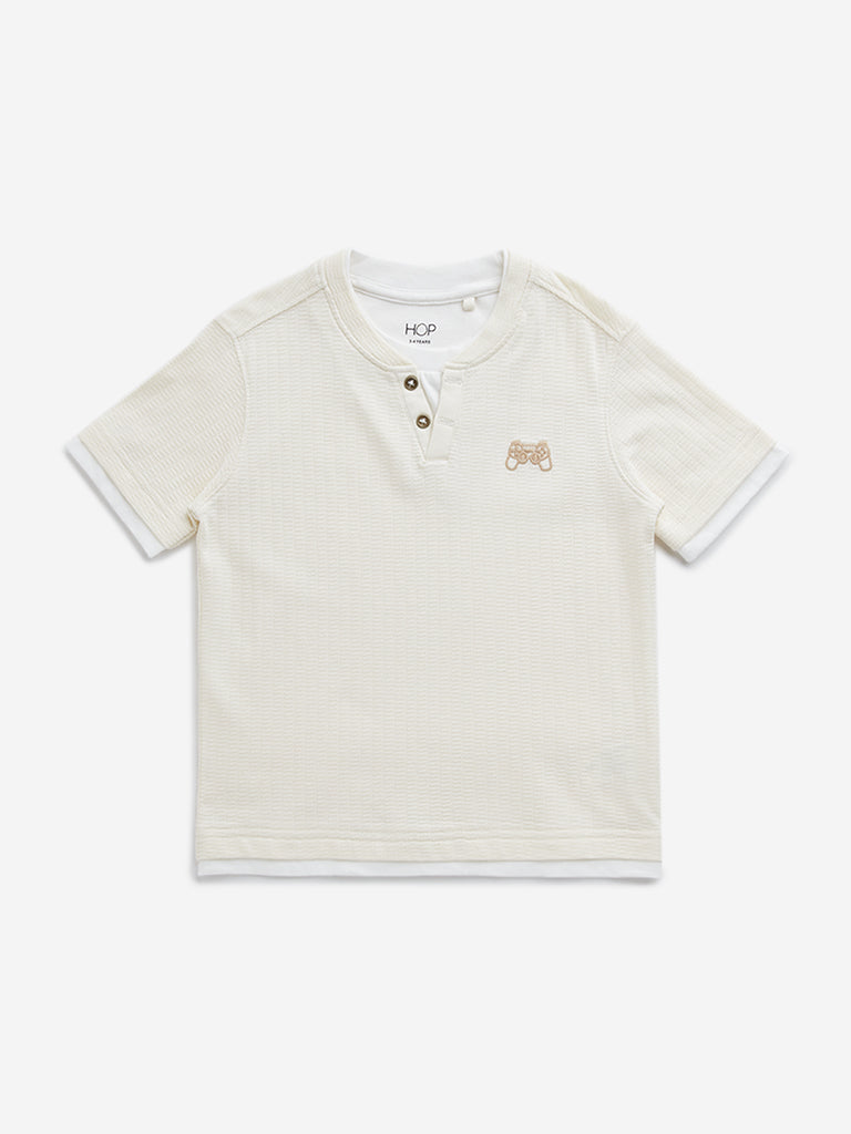 HOP Kids Beige Textured Cotton T-Shirt