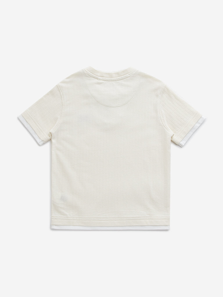 HOP Kids Beige Textured Cotton T-Shirt