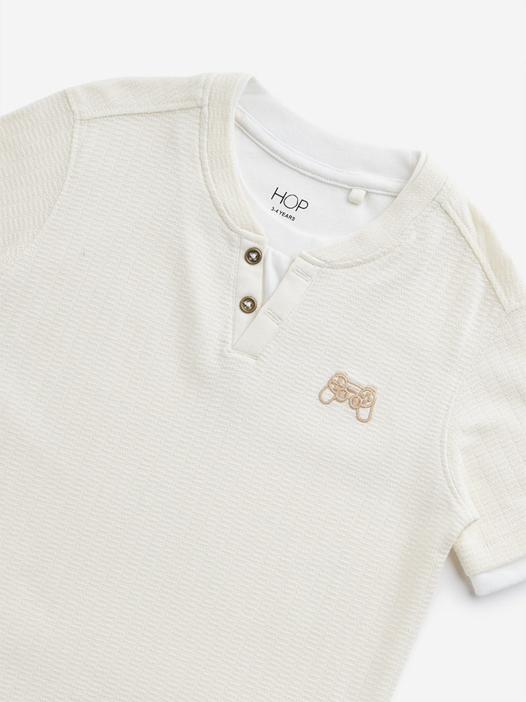 HOP Kids Beige Textured Cotton T-Shirt