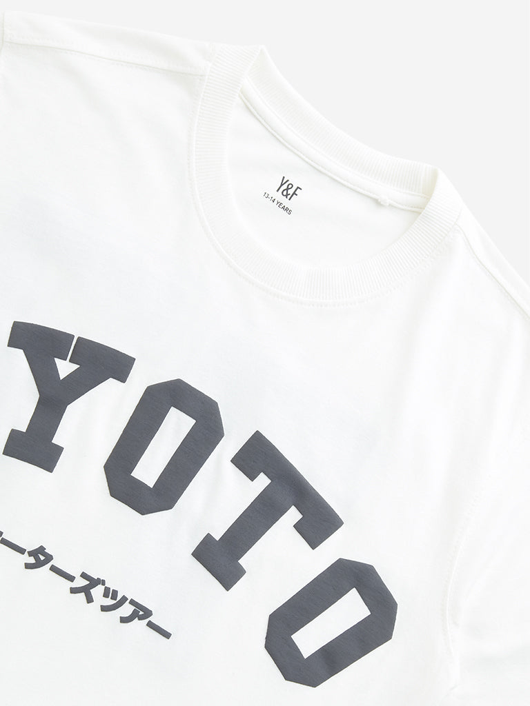 Y&F Kids Off-White Text Design Cotton T-Shirt