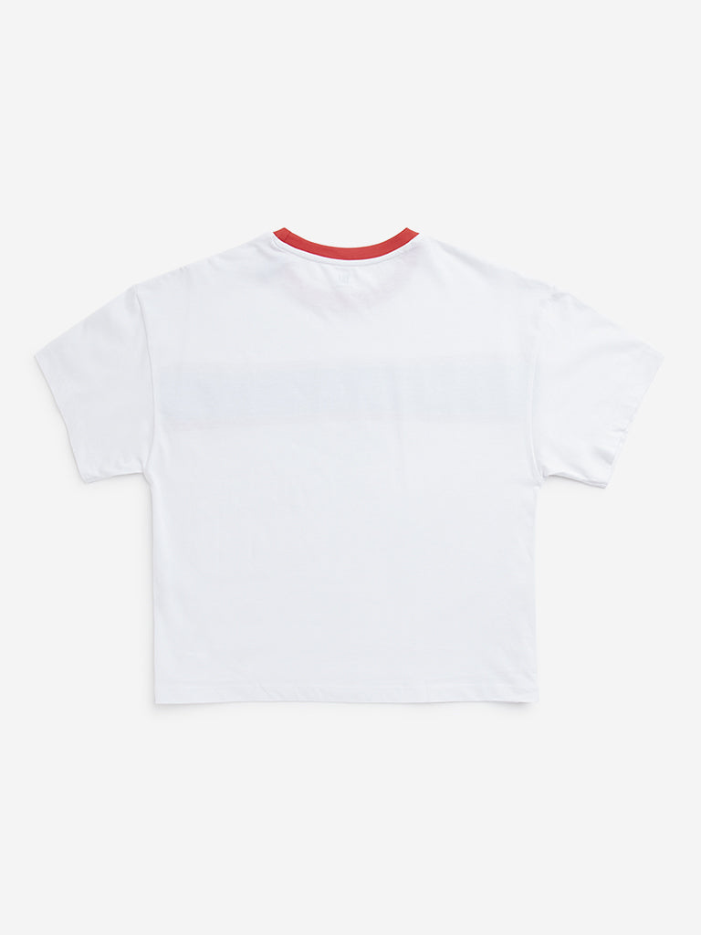 Y&F Kids White Colour-Blocked Cotton T-Shirt