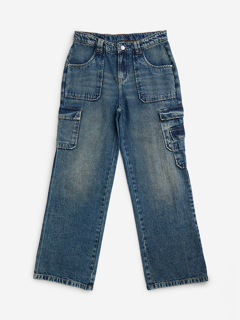 Y&F Kids Dark Blue Cargo-Style Straight - Fit High - Rise Jeans