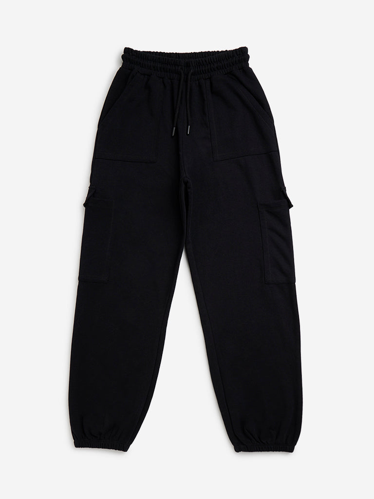 Y&F Kids Black Cargo-Style Mid-Rise Joggers