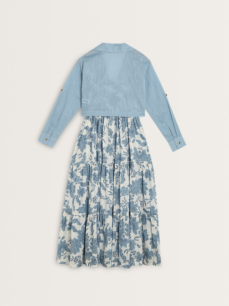 Bombay Paisley Dusty Blue Tiered Cotton Dress with Jacket