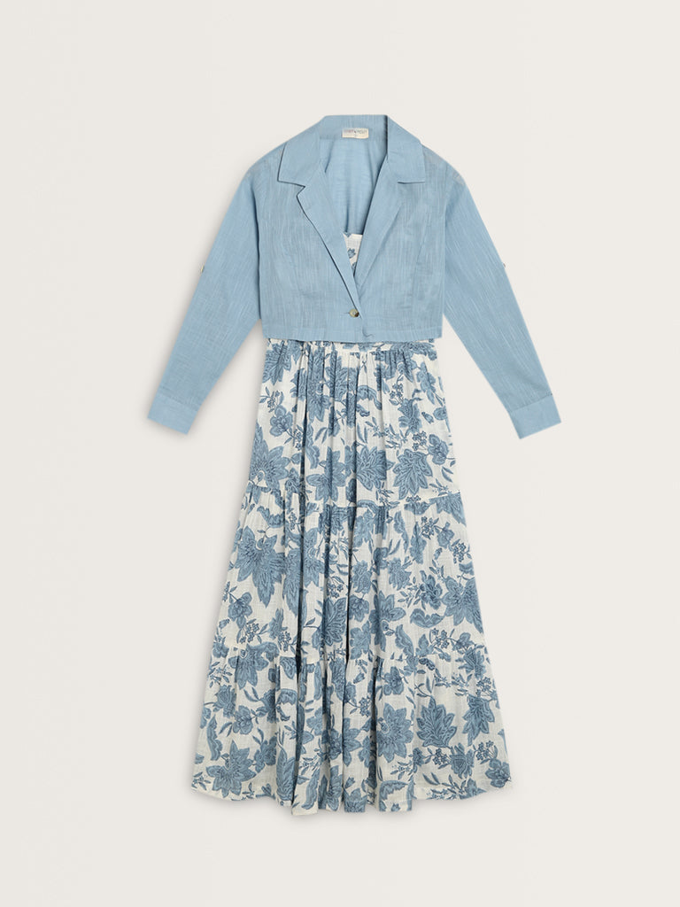 Bombay Paisley Dusty Blue Tiered Cotton Dress with Jacket