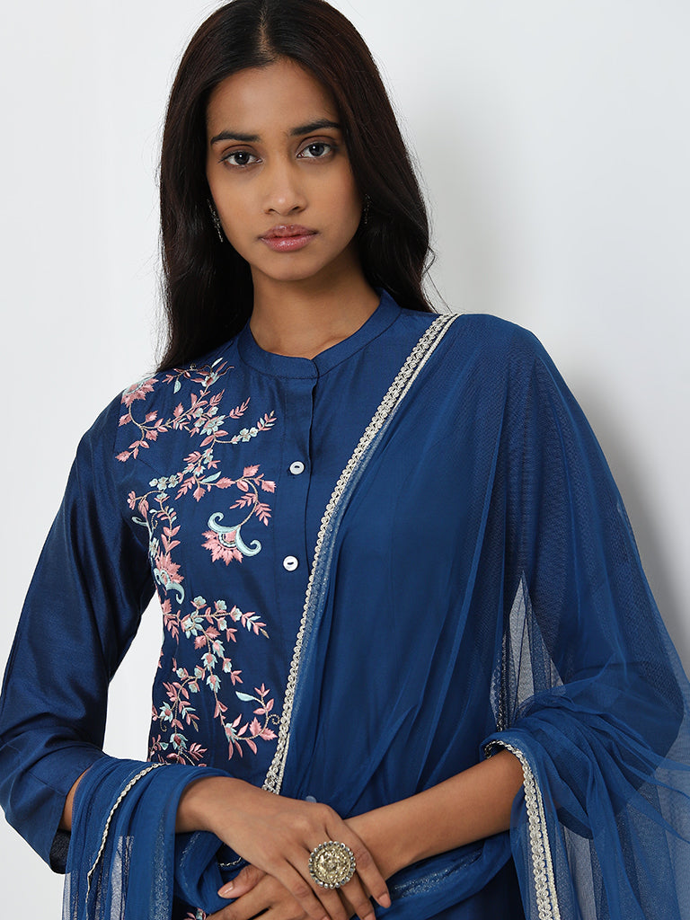 Vark Blue Floral Embroidered Kurta, Pants and Dupatta Set