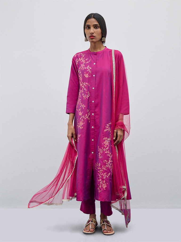 Vark Magenta Floral Embroidered A-Line Kurta, Pants and Dupatta Set