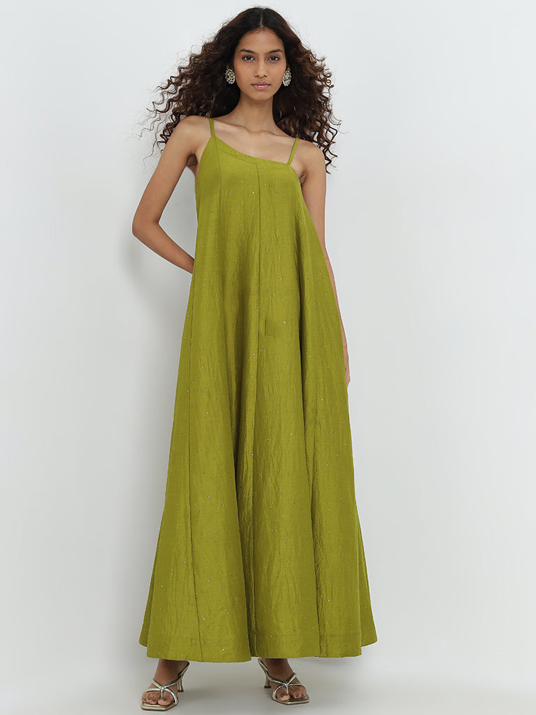 Vark Green Embellished A-Line Dress