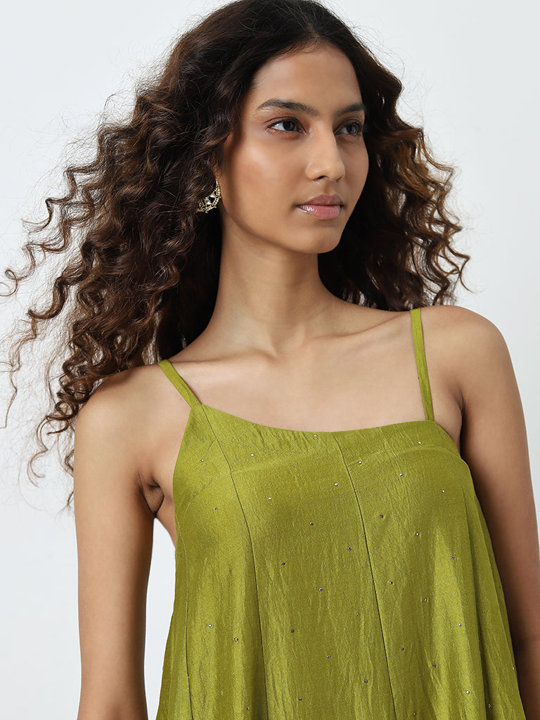 Vark Green Embellished A-Line Dress