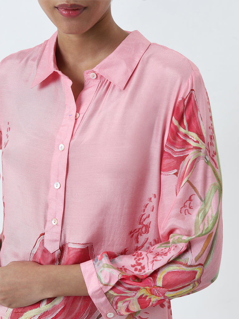 Utsa Pink Floral Printed A-Line Kurta