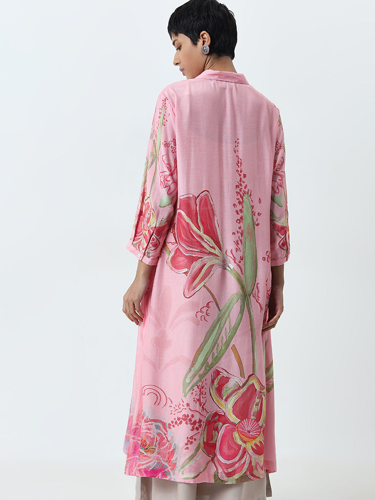 Utsa Pink Floral Printed A-Line Kurta