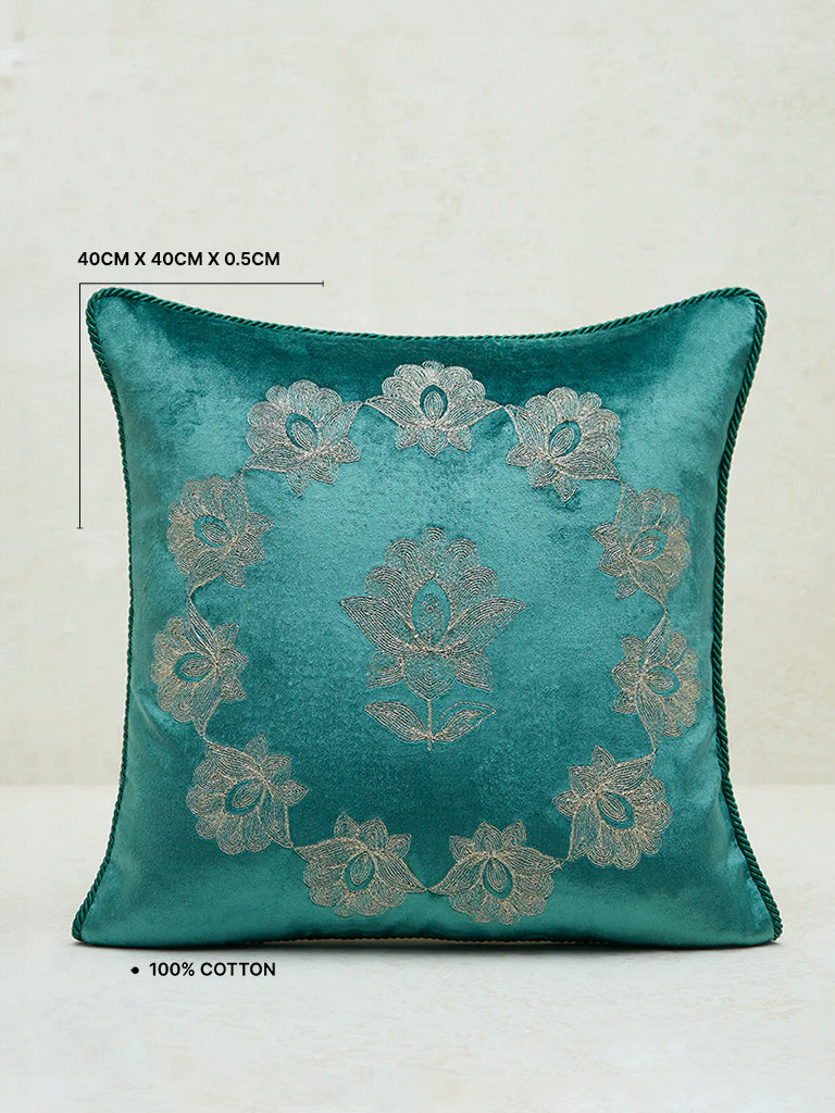 Westside Home Dark Green Lotus Embroidered Cushion Cover