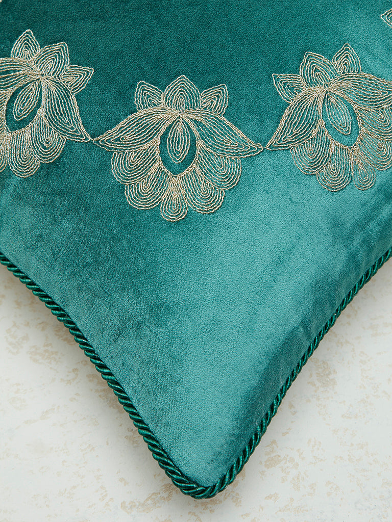 Westside Home Dark Green Lotus Embroidered Cushion Cover