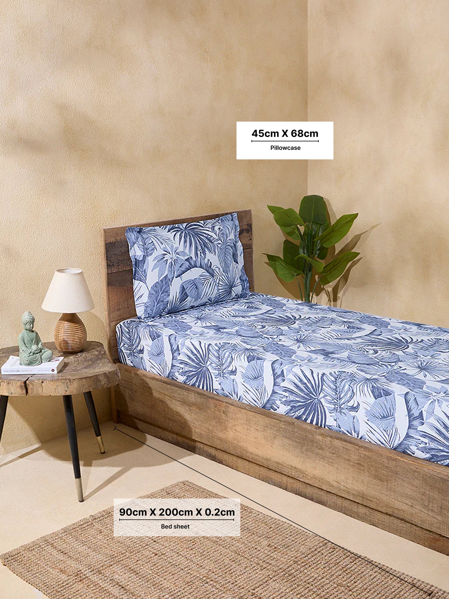 Westside Home Dusty Blue Botanical Design Single Bed Fitted Sheet and Pillow Cover Set