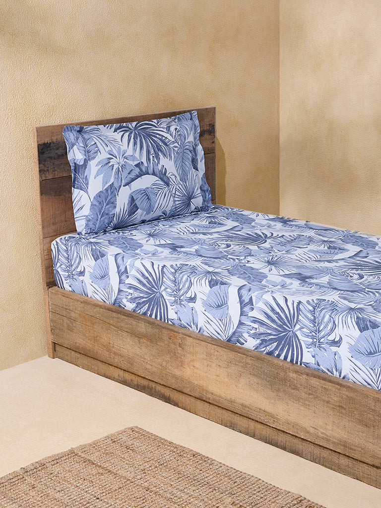 Westside Home Dusty Blue Botanical Design Single Bed Fitted Sheet and Pillow Cover Set