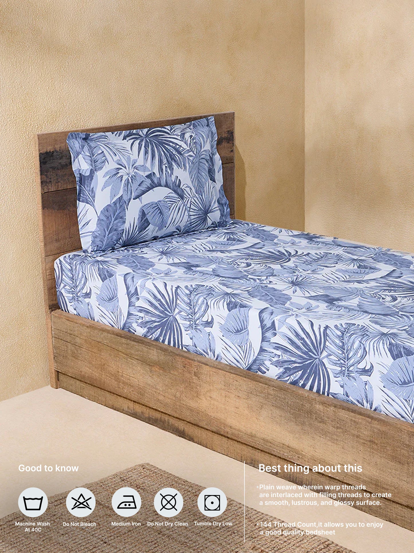 Westside Home Dusty Blue Botanical Design Single Bed Fitted Sheet and Pillow Cover Set