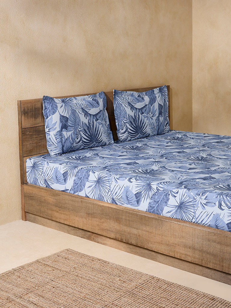 Westside Home Dusty Blue Botanical Design Double Bed Fitted Sheet and Pillow Cover Set