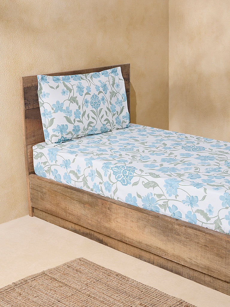 Westside Home Blue Floral Printed Single Bed Fitted Sheet and Pillowcase Set