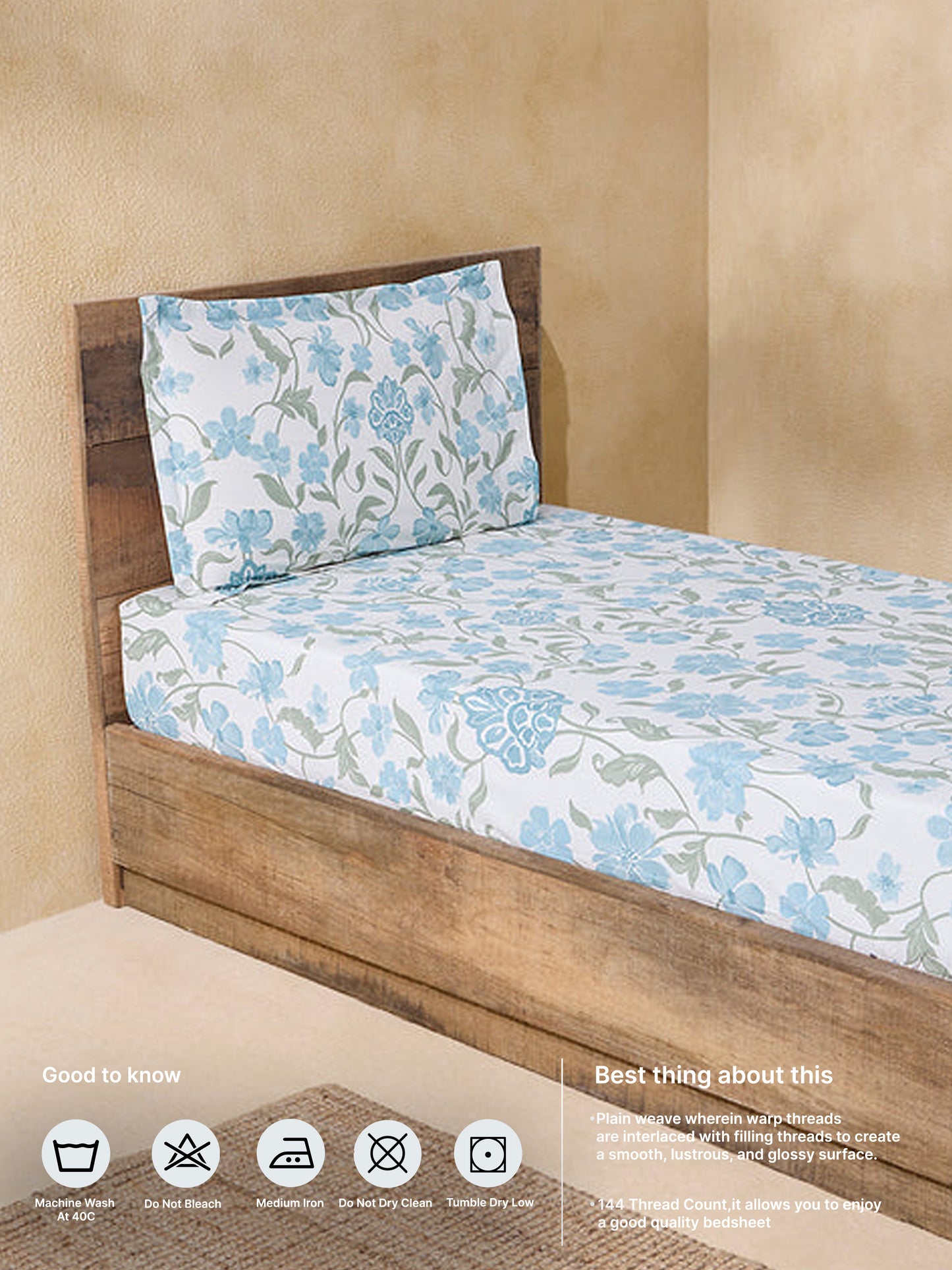 Westside Home Blue Floral Printed Single Bed Fitted Sheet and Pillowcase Set