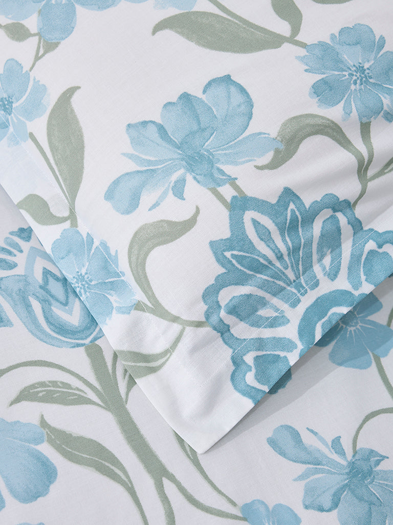 Westside Home Blue Floral Printed Single Bed Fitted Sheet and Pillowcase Set