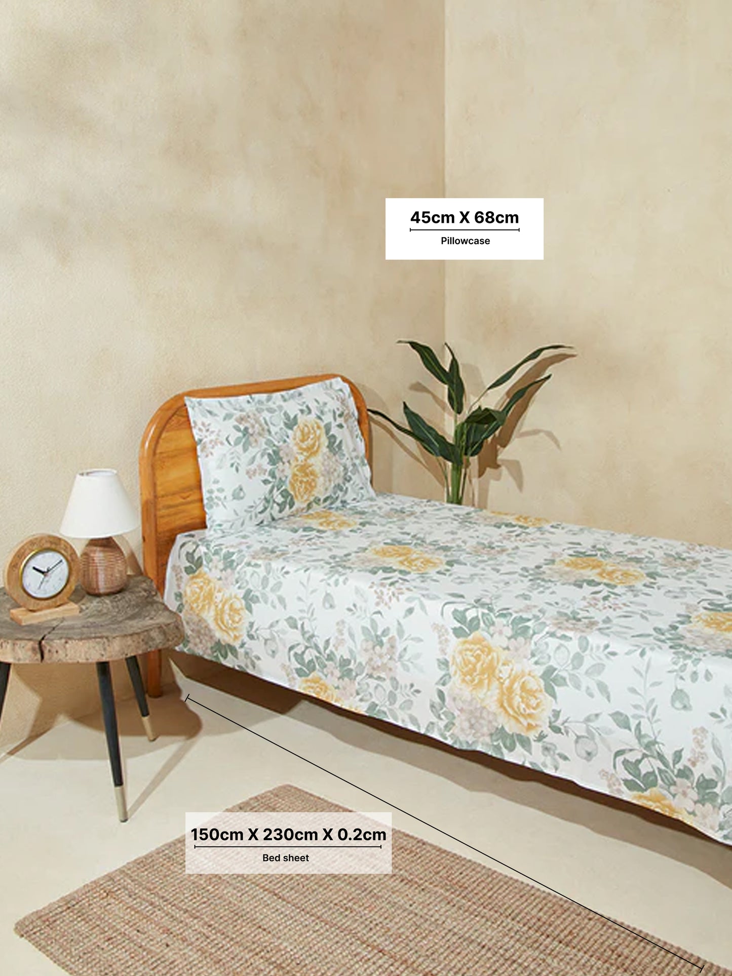 Westside Home Yellow Floral Single Bed Flat Sheet and Pillowcase Set