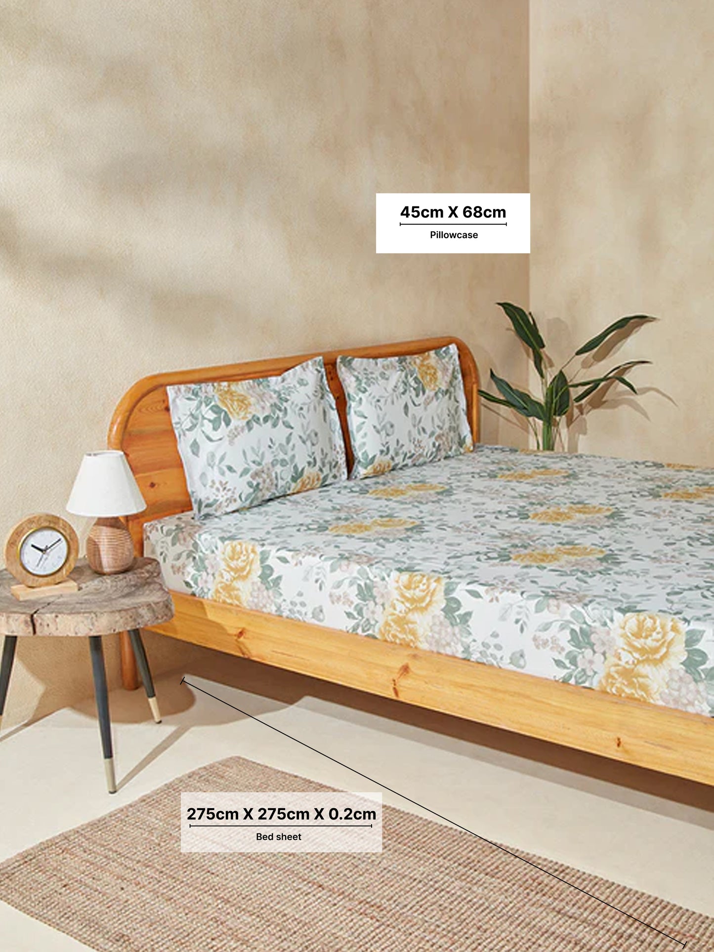 Westside Home Yellow Floral King Bed Flat Sheet and Pillowcase Set