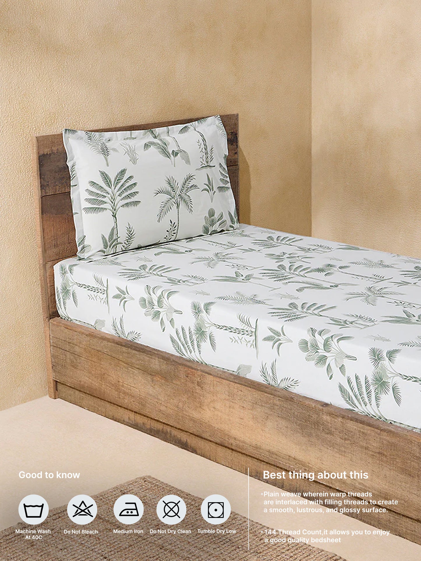 Westside Home Sage Botanical Design Single Bed Fitted Sheet and Pillowcase Set