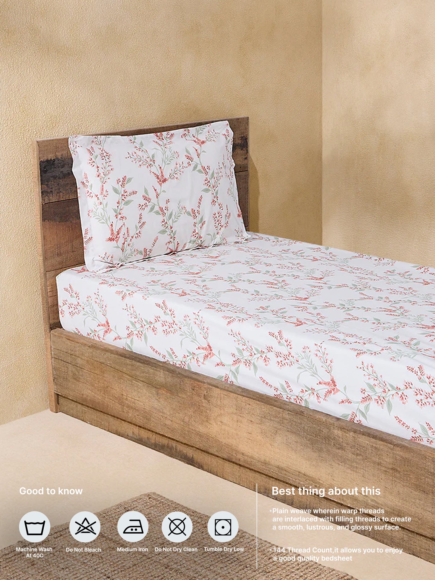 Westside Home Rust Foliage Print Single Bed Fitted Sheet and Pillow Cover Set