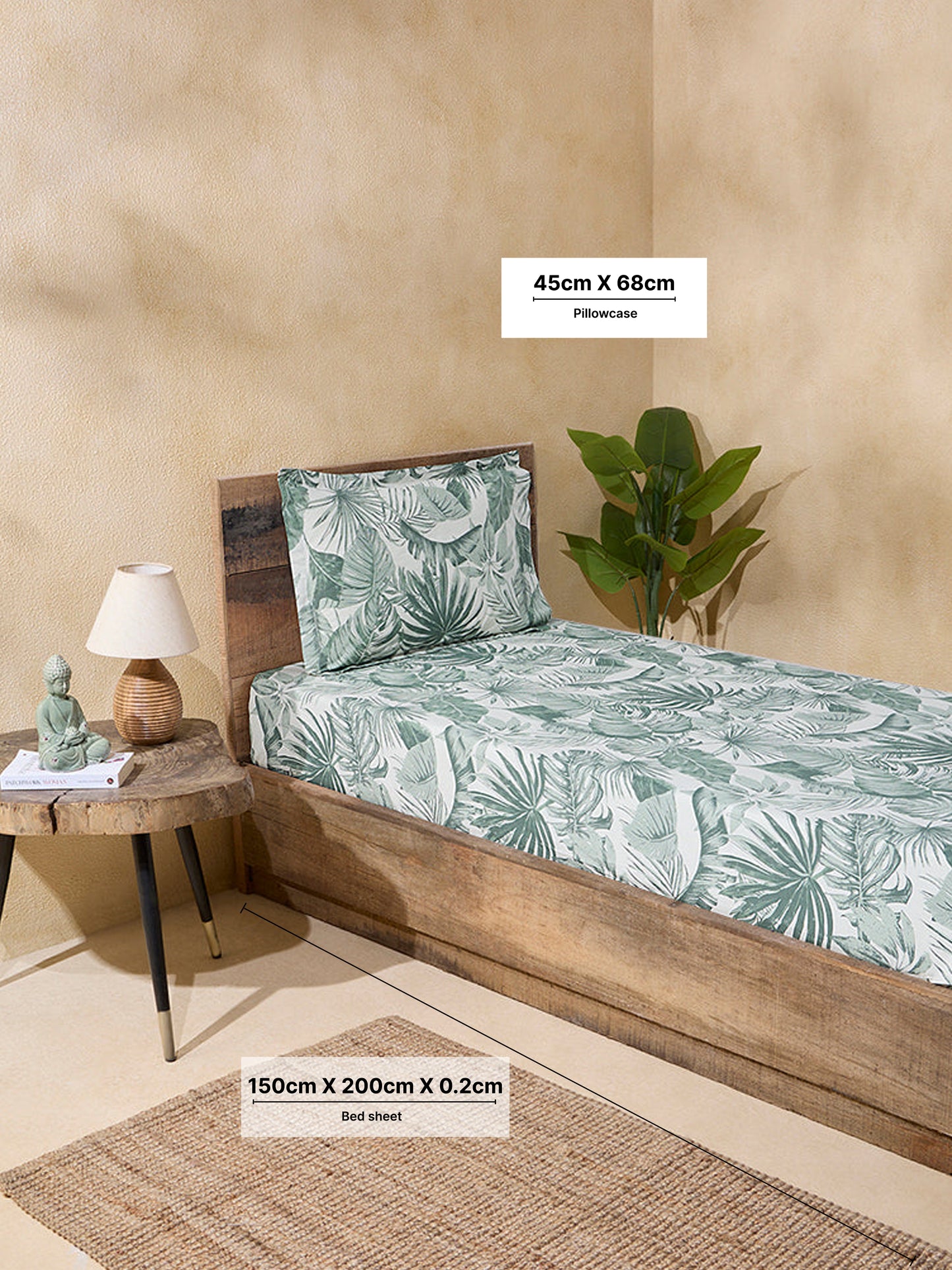 Westside Home Sage Leaf Design Single Bed Flat Sheet and Pillowcase Set